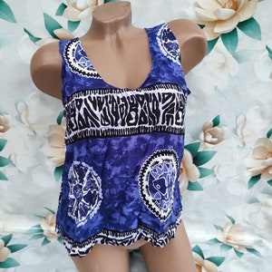 90s Vintage Women&#39;s Blue Crop Top/Tank Top Boho Abstract Print. Size S-M.