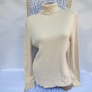 90er Jahre Vintage Baumwolle Damen Creme Gerippt Rollkragen Stehkragen Lange Ärmel. Größe L-XL.