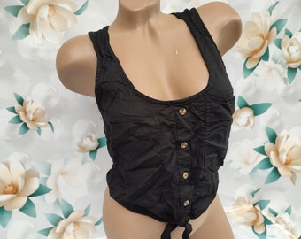 90s Vintage women's black crop top with ties. Size M. 100% cotton.
