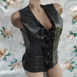 90s Vintage Italy black shiny women&#39;s vest, button down vest with sequins. Size XS-S.