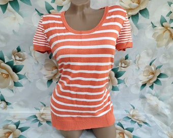90s Vintage viscose women's orange striped ribbed short sleeve top. Size M-L.
