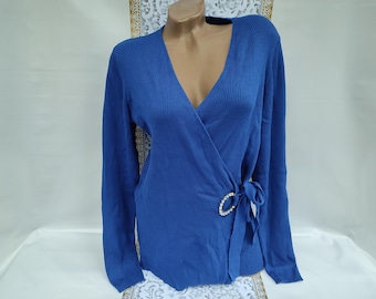 Jersey cruzado de viscosa azul acanalado de manga larga para mujer, estilo años 90. Talla M-L.