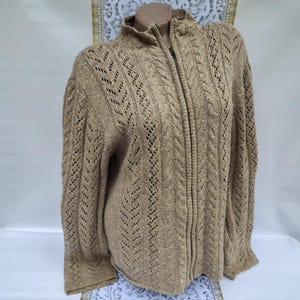 90s Vintage Wool Cotton Beige Tweed Cardigan Zip Long Sleeve. Size L-XL.