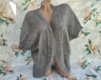 90s Vintage knitted women's gray airy cardigan/poncho oversized. Cardigan with short sleeves. One size.