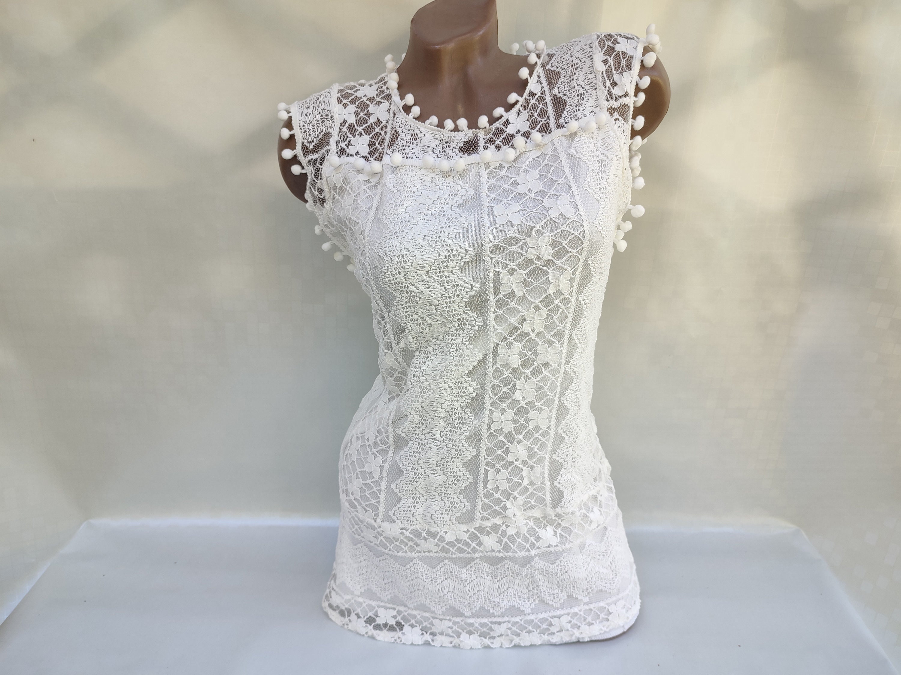 90s Vintage Womens White Lace Top/blouse With Pom Poms