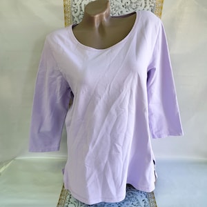 90s Vintage Cotton Women&#39;s Lilac Basic Top 3/4 Sleeve. Size L.