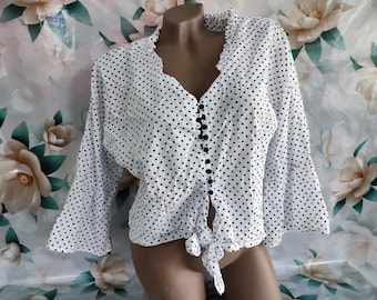 90s Vintage women's white polka dot cropped blouse, ruffle sleeve, tie blouse open neck ruffle collar.Size M-L.