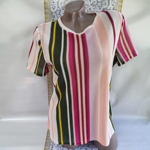 90s Vintage Women&#39;s Multicolor Striped Top/Tee Tight Knit Short Sleeve. Size M-L.