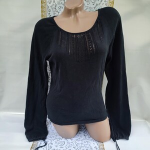 90s Vintage Viscose Women&#39;s Black Top Long Flared Sleeve With Ties. Size S.