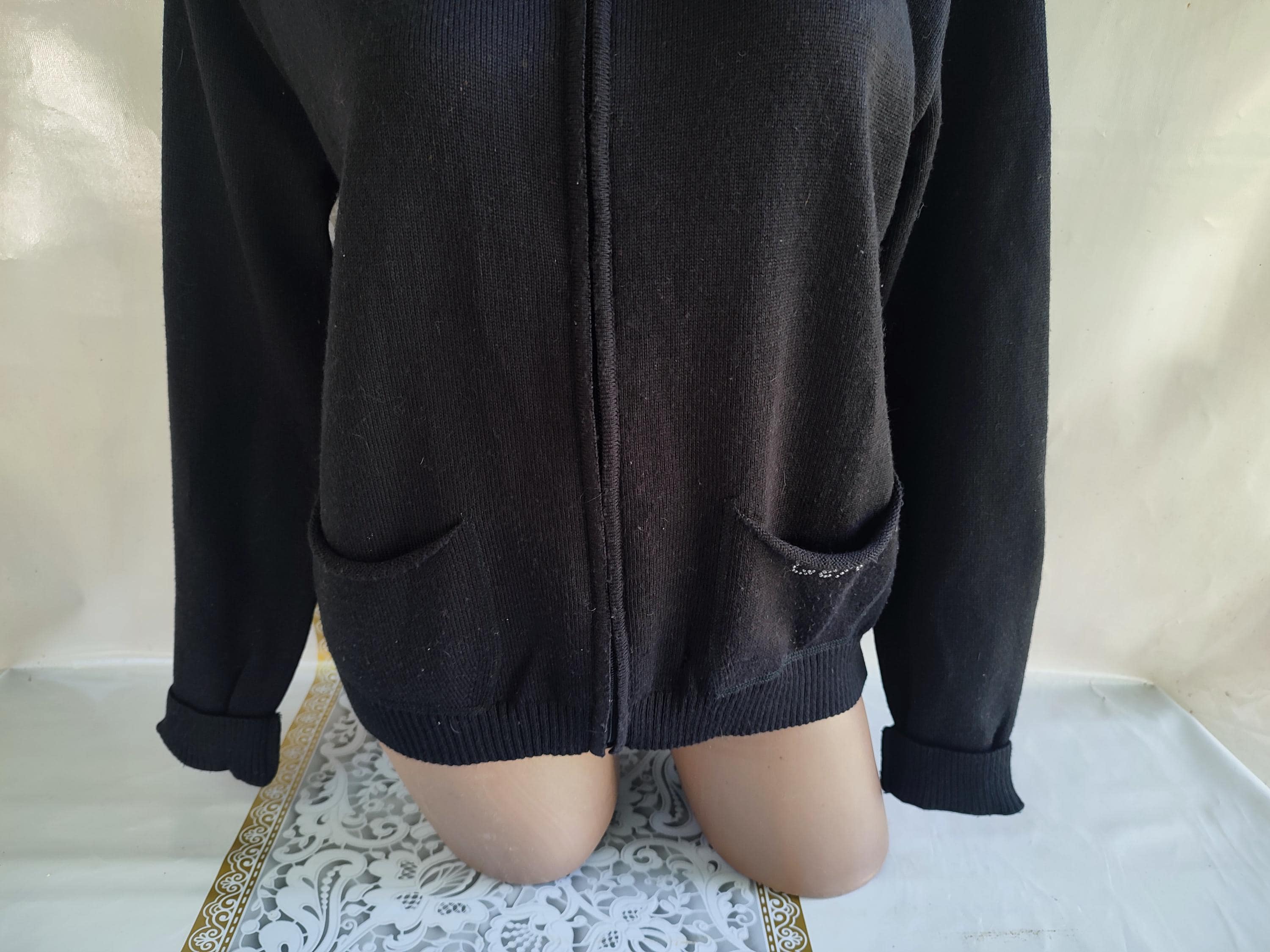 90s Vintage Italy Lana Wool Women Black Zipper Cardigan Collar 