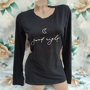 90s Vintage Schwarzes Damen Top Good Night Langarm. Größe S-M.