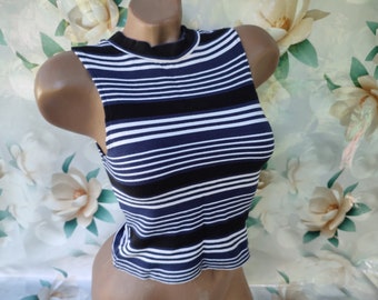 90s Vintage Womens Blue Black Striped Sleeveless Crop Top. Size XS-S.