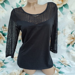 Jaren 90 vintage zwarte kanten blouse/top lange mouw dames. Maat M-L.