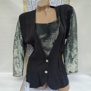 90s Vintage Women&#39;s Black Shiny Party Blouse Half Long Silver Sleeve. Size M.