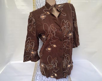 90s Vintage Linen Blend Blouse: Brown Floral Embroidery, Size M