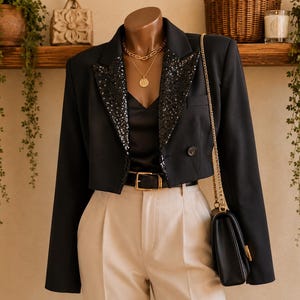 Peut inclure: Un blazer noir court avec des revers à sequins, porté sur un caraco en satin noir avec un collier doré à plusieurs rangs. La tenue comprend un pantalon beige taille haute, une ceinture en cuir noir à boucle dorée et un sac à bandoulière noir.