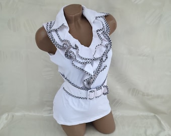 90s Vintage Womens White Blouse/Top Collar Jabot Sleeveless. Size M.