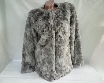 Faux Fur Jacket / Vintage 80s Fur Zipper Leather Trim Winter Short