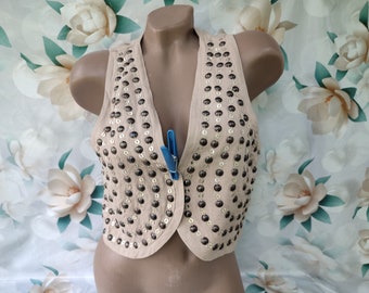 90s Vintage Women's Cream Boho Sequin Crop Vest. Size M-L.