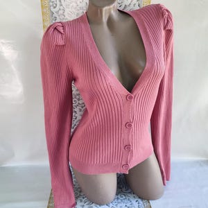 90s Vintage Viscose Women&#39;s Pink Deep V Buttoned Long Sleeve Cardigan. Size XS-S.
