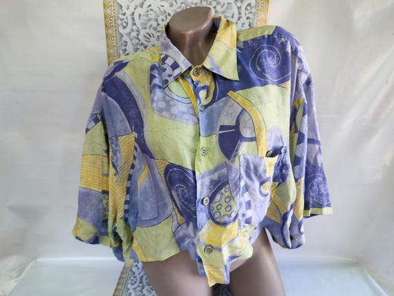 90s Vintage Recycled Women's Silk Abstract Crop Top/Shirt Oversized Short Sleeve. Size XL-2XL.