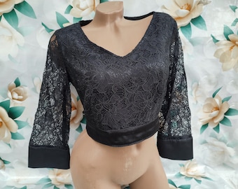 Top corto de encaje negro de manga corta estilo vintage de los 90 para mujer. Talla S.