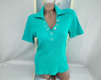 90s Women's Green Ribbed Cotton Top Short Sleeves. Size M.
