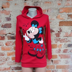 90s Vintage women&#39;s red long hoodie / tunic with Mickey mouse print. Size XS-S.