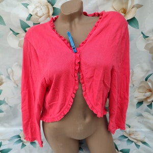 90s Vintage Viscose Women&#39;s Pink Ruffle Cropped Bolero Half Sleeve. Size M-L.