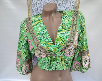 90s Vintage Paisley Crop Top: Light Green Fake Wrap, XS-S