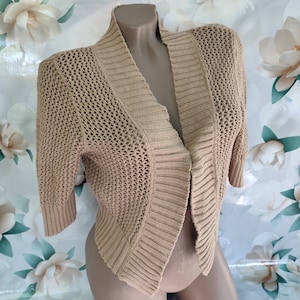 90s Vintage Cropped Knitted Bolero - Beige Cotton, Size S-M
