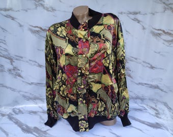 90s Vintage Womens Green Abstract Bomber Jacket Button Down Long Sleeve. Size 3XL.