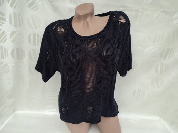 90s Vintage Womens Black Knitted Mesh Top/tee Oversized Short 