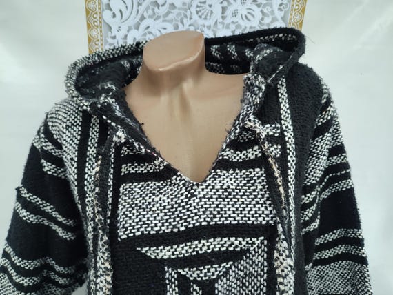 90s Vintage Women's Black Gray Striped Hooded Burlap Poncho Long