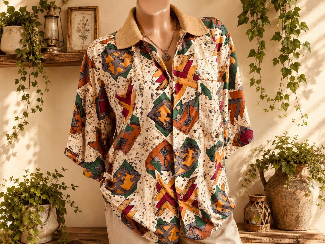 90s Women's Silk Blouse Abstract Geometric Print Short Sleeve Polo Collar Shirt. Sizes XL-2XL., foto 1 di 5