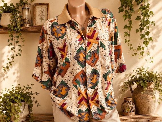 90s Women's Silk Blouse Abstract Geometric Print Short Sleeve Polo Collar Shirt. Sizes XL-2XL.