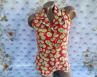 90s Cotton Women's Red Floral Top Collar Sleeveless . Size S.