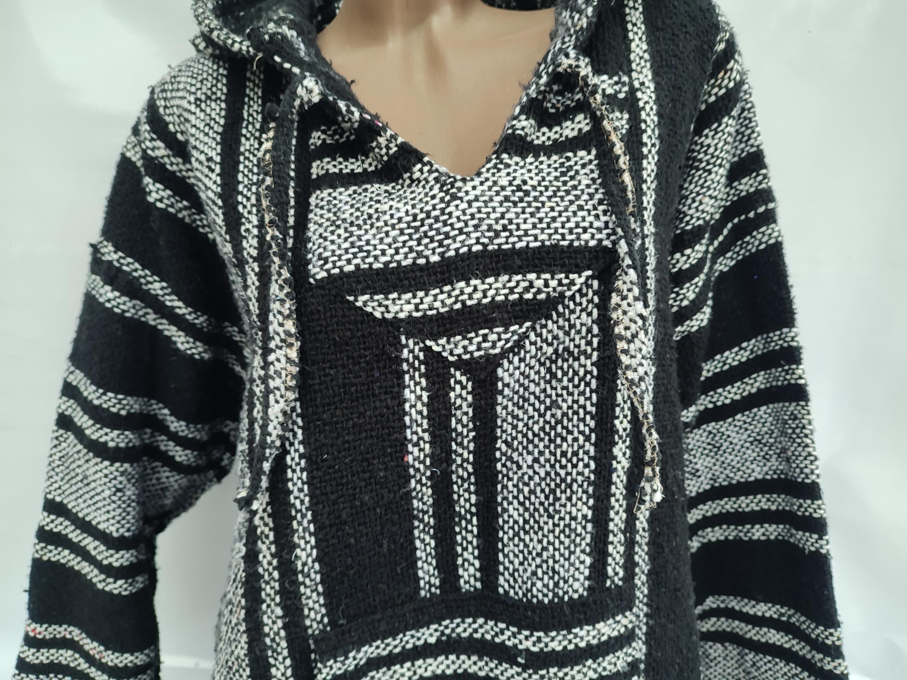 90s Vintage Women's Black Gray Striped Hooded Burlap Poncho Long