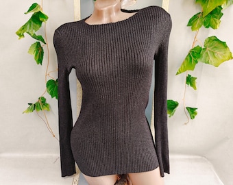 Maglia a maniche lunghe da donna anni '90, nera lucida a coste, vestibilità aderente. Taglia S-M.
