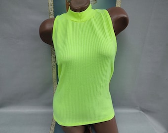 90s Women's Neon Chartreuse Ribbed Top Sleeveless. Sizes M-L.