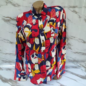 90s Vintage Women's Multicolor Geometric Blouse Long Sleeve. S Size.