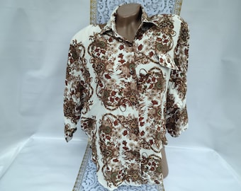90s Vintage Floral Viscose Blouse: Oversized Long Sleeve (L-XL)