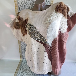 90s Vintage Cotton Acrylic Women&#39;s Beige Brown Patchwork Sweater/Pullover Oversized Short Sleeve. Size XL-2XL.