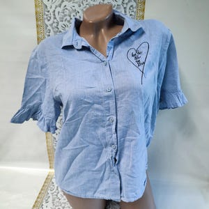 90s Vintage Cotton Women&#39;s Light Blue Blouse/Shirt Oversized Short Ruffle Sleeve. Size M.