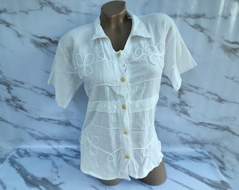 90s Vintage Cotton Women's White Lace Collar Blouse Boho Short Sleeve. M Size.