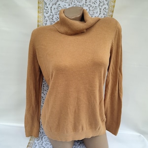 90er Jahre Vintage Baumwolle Damen Mustard High Neck Rollkragen Langarmshirt. Grösse M.