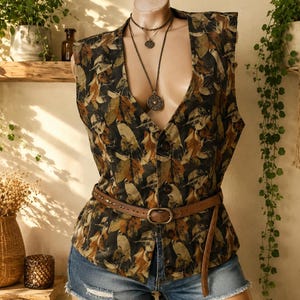 90s Vintage Autumn Leaf Print Waistcoat Brown Boho Fall Vest. Size XL-2XL.