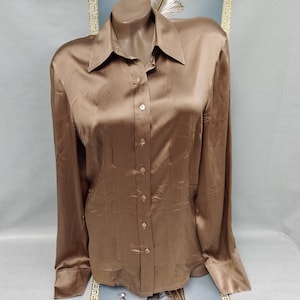 90s Silk Women's Brown Satin Blouse Long Sleeve. Sizes S-M.