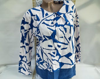 90s Vintage Cotton Women's Blue White Abstract Blouse/Shirt Long Sleeve. Size M-L.