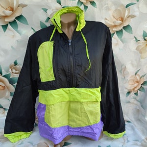 90s Vintage Womens/Men&#39;s Color Block Nylon Athletic Oversized Windbreaker Jacket With Zipper. Size M-L.